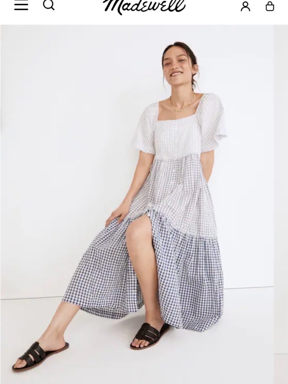 Madewell Patchwork White & Blue Gingham Button Front Tiered Midi Dress, Sz M/L
